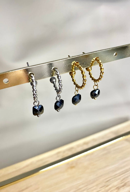 Onyx earrings, twisted creoles, stone pendant, square pendant, black faceted pearl, handmade, women's jewelry, quality